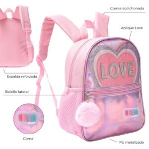 Mochila Hello Petit Holograma Estampa Love 22x30x10cm 12"