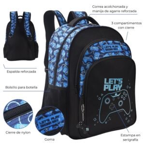 Mochila Let S Play Gamer Estampada Tres Cierres Con Llavero 32x55x15cm 18"